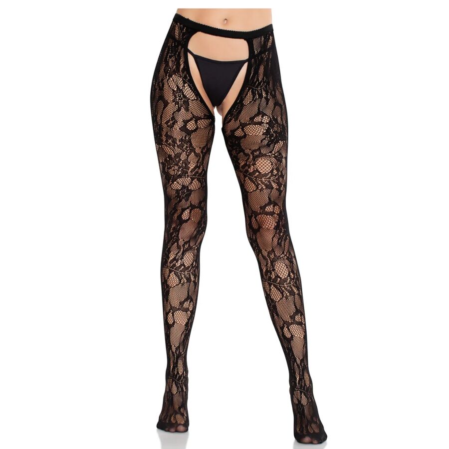 LEG AVENUE - MEDIAS DE ENCAJE DE ROSAS CON PARTE TRASERA ABIERTA NEGRO